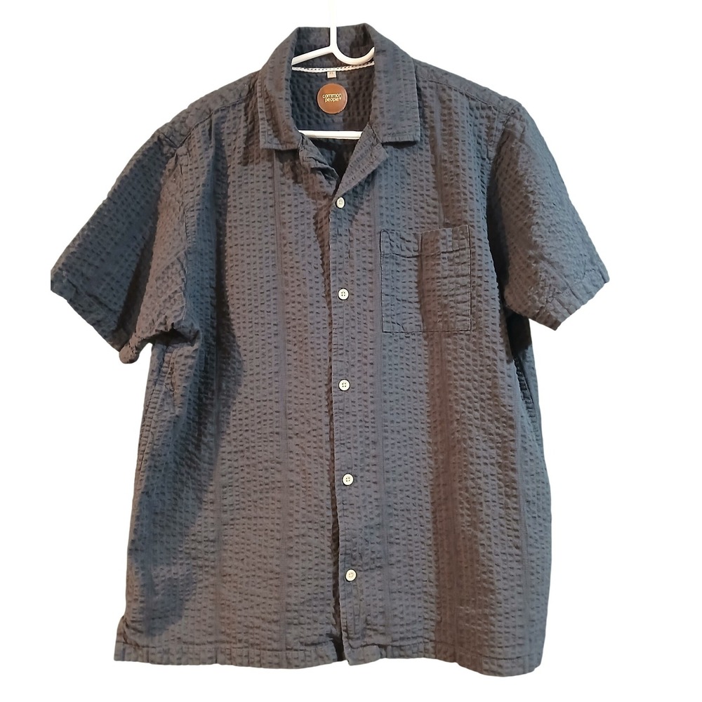 Common People Mens XL Blue Seersucker Short Sleeve Button Down Camp Shirt Cotton